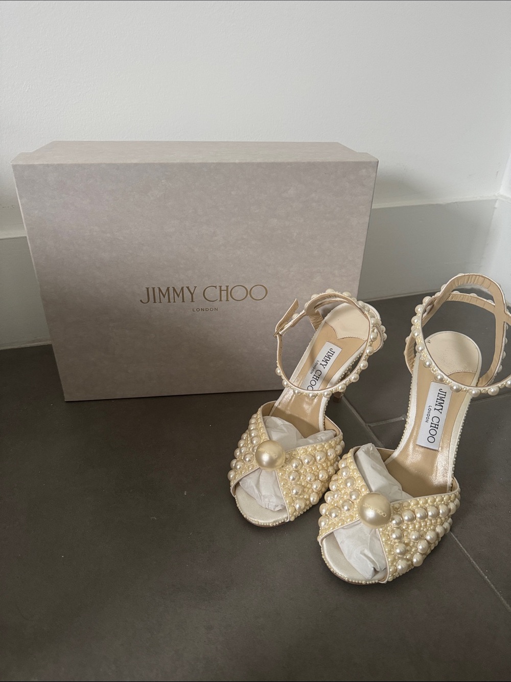 Jimmy Choo Ivory Pearl-Embellished Slingback Heels